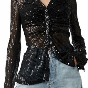 Free People, Black Sequin Button-Up Top